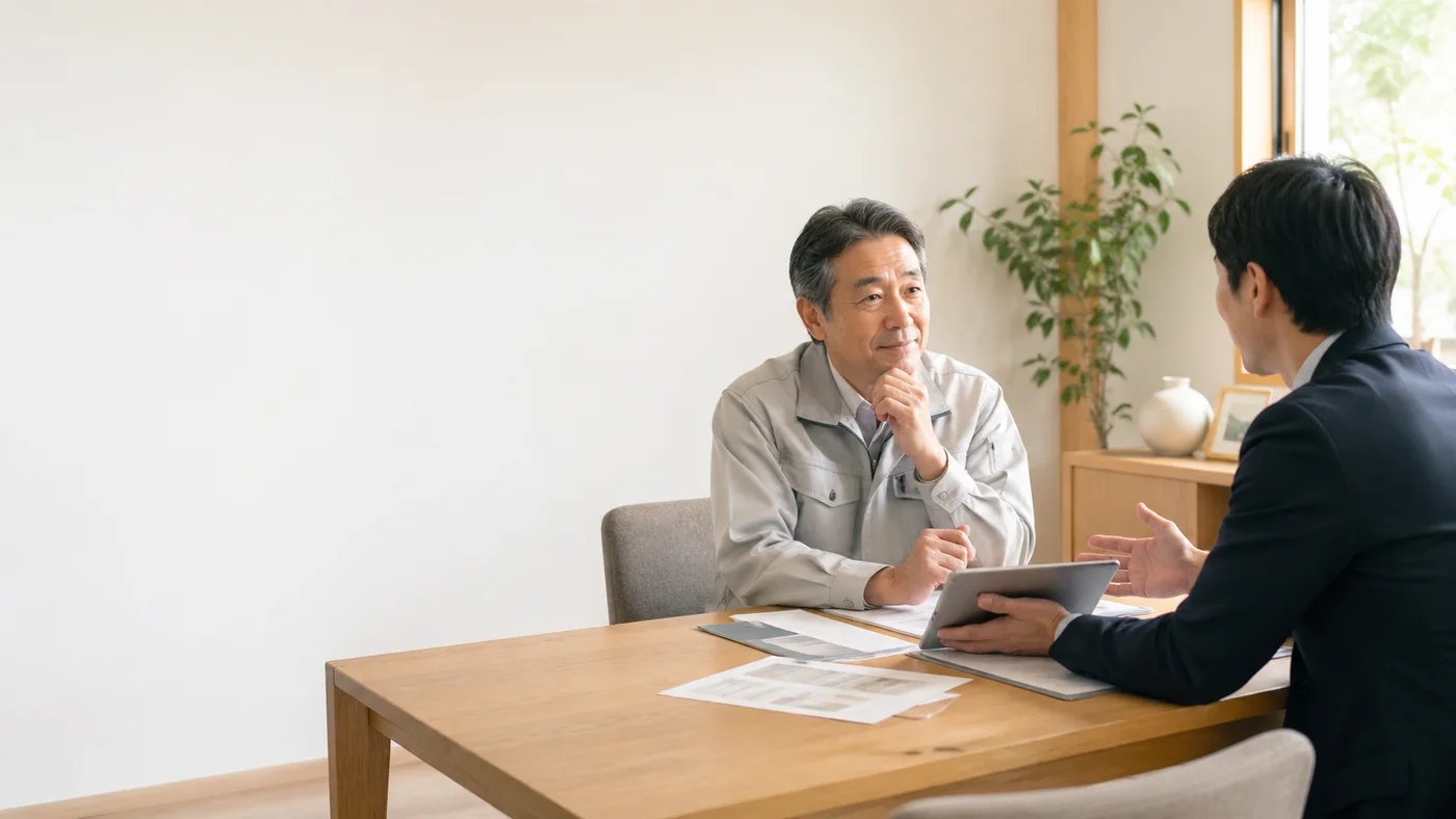 事業承継やスモールM&Aについて、経営者と税理士が落ち着いて相談している様子