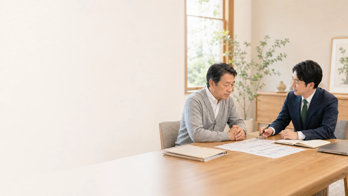 机に資料を広げ、年配の中小企業経営者と税理士が静かに相談している様子